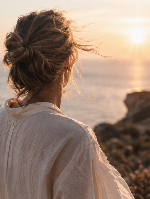 Een vrouw met opgestoken haar kijkt bij zonsondergang over zee